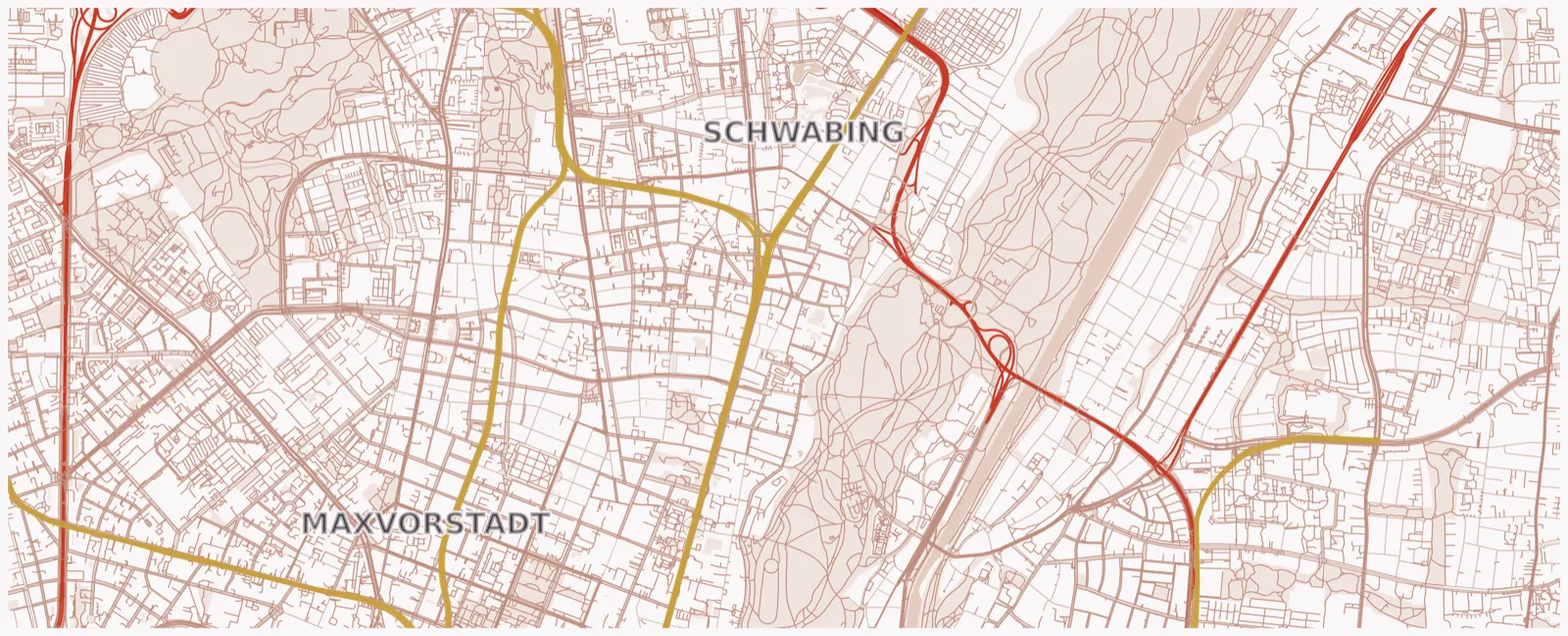 Kartenausschnitt von München-Schwabing, die Münchner Innenstadt von der Maxvorstadt bis Bogenhausen. Die Praxis in der Siegesstr. 20 ist mit einer Nadel markiert.